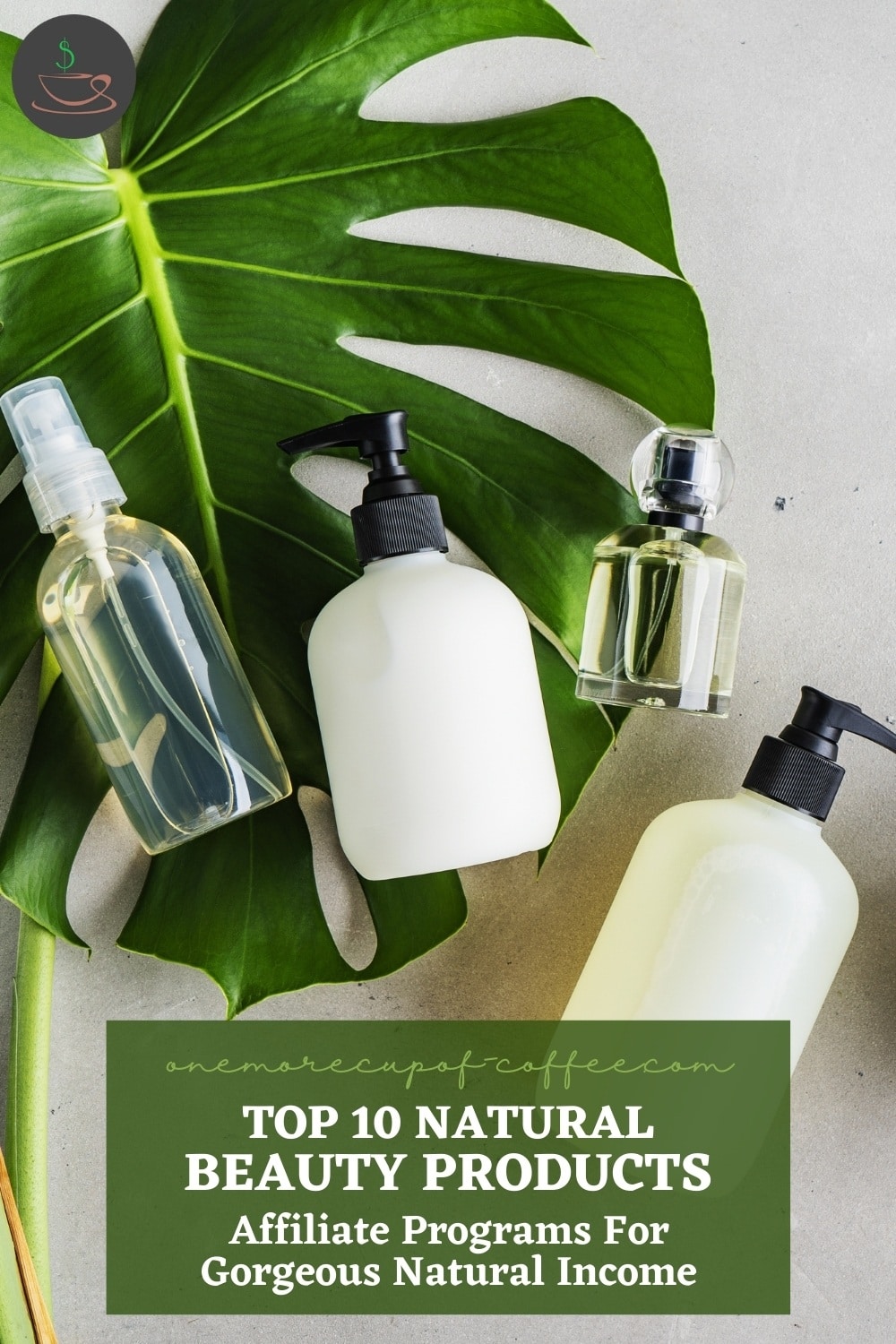 天然美容产品装在黑色和白色的容器中，一个装在透明的瓶子容器中，在灰色的表面上放着一片大绿叶;文字覆盖“十大天然美容产品联盟计划华丽的自然收入”