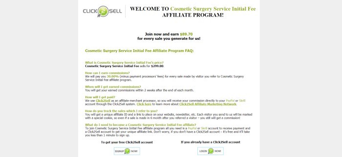 This screenshot of the affiliate information page for the Cosmetic Surgery Service Initial Fee program has gray background on the left and right, a white background in the middle text section, a gray and green 