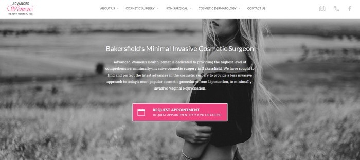 This screenshot of the home page for Advanced Women's Health Center has a white navigation bar above a black and white photo of a blonde woman in a black shirt standing in front of what appears to be an open field, behind white text describing the services and a pink call-to-action button.