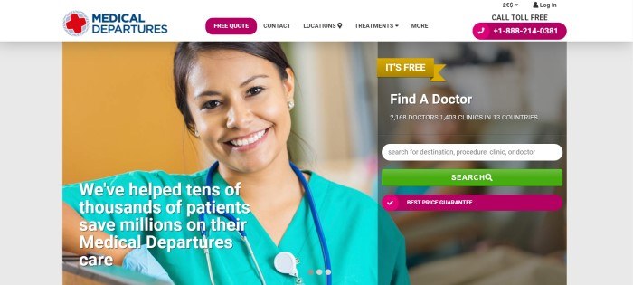 This screenshot of the home page for Medical Departures has a white navigation bar above a photo of a smiling brunette woman in an aqua-colored medical uniform standing in front of a yellow wall, next to a text section inviting customers to search for doctors across the globe.