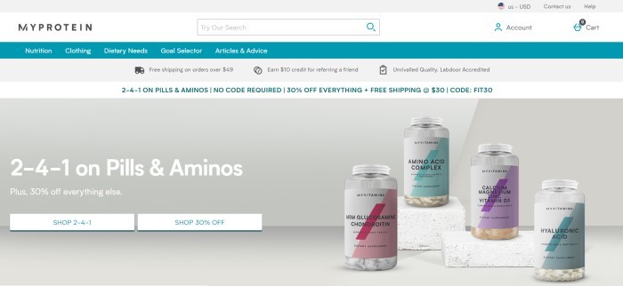This screenshot of the home page for Myprotein has a gray, white, and blue header with a search bar, navigation bar, and free shipping announcement, above a photo with a gray background and three bottles of dietary supplements, as well as white text announcing a sale on pills and amino acids.