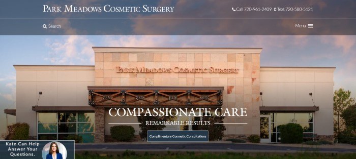 This screenshot of the home page for Park Meadows Cosmetic Surgery has a dark-filtered translucent header with white text above a photo of one of the Park Meadows clinic, which is made from orange and brown stone and beige stucco.