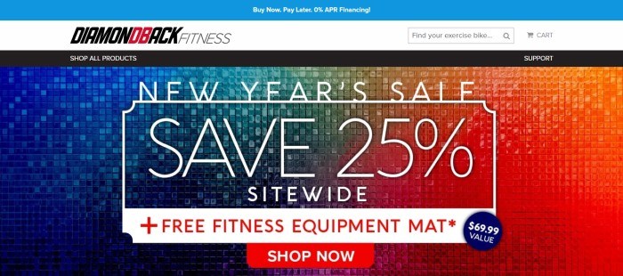 This screenshot of the home page for Diamondback Fitness has a blue and white header above a photo of a graded tile wall, with small tiles in blue on the left side of the page transitioning through aqua, green, yellow, and then orange, ending with red tiles on the right side of the page, behind white text announcing a New Year's sale and a red call-to-action button.