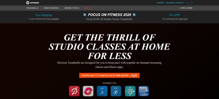 This screenshot of the home page for Horizon Fitness has a black background with white text announcing the thrill of studio classes at home for less money, along with various small ads for free shipping, 0 off and interest-free financing, an orange call-to-action button for a treadmill, and a row of compatible fitness software icons near the bottom of the page.