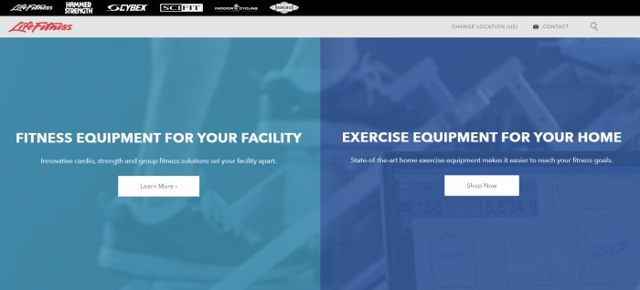 This screenshot of the home page for life fitness has a black and gray header above a heavily-filtered photo of people exercising on a row of exercise machines, with light blue on the left and dark blue on the right, along with white wording in each section announcing fitness equipment for facilities and homes and white call-to-action buttons.