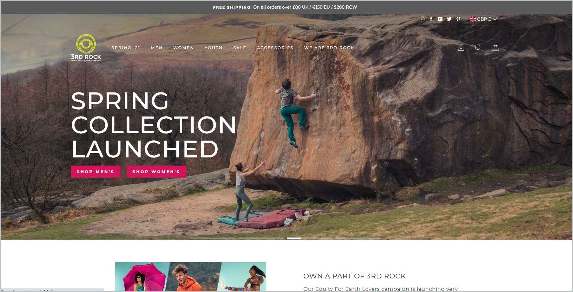 screenshot of 3RD ROCK homepage, with grey announcement bar, it shows the website's name and logo with the main navigation bar, it features a couple of wall climbers out in the nature