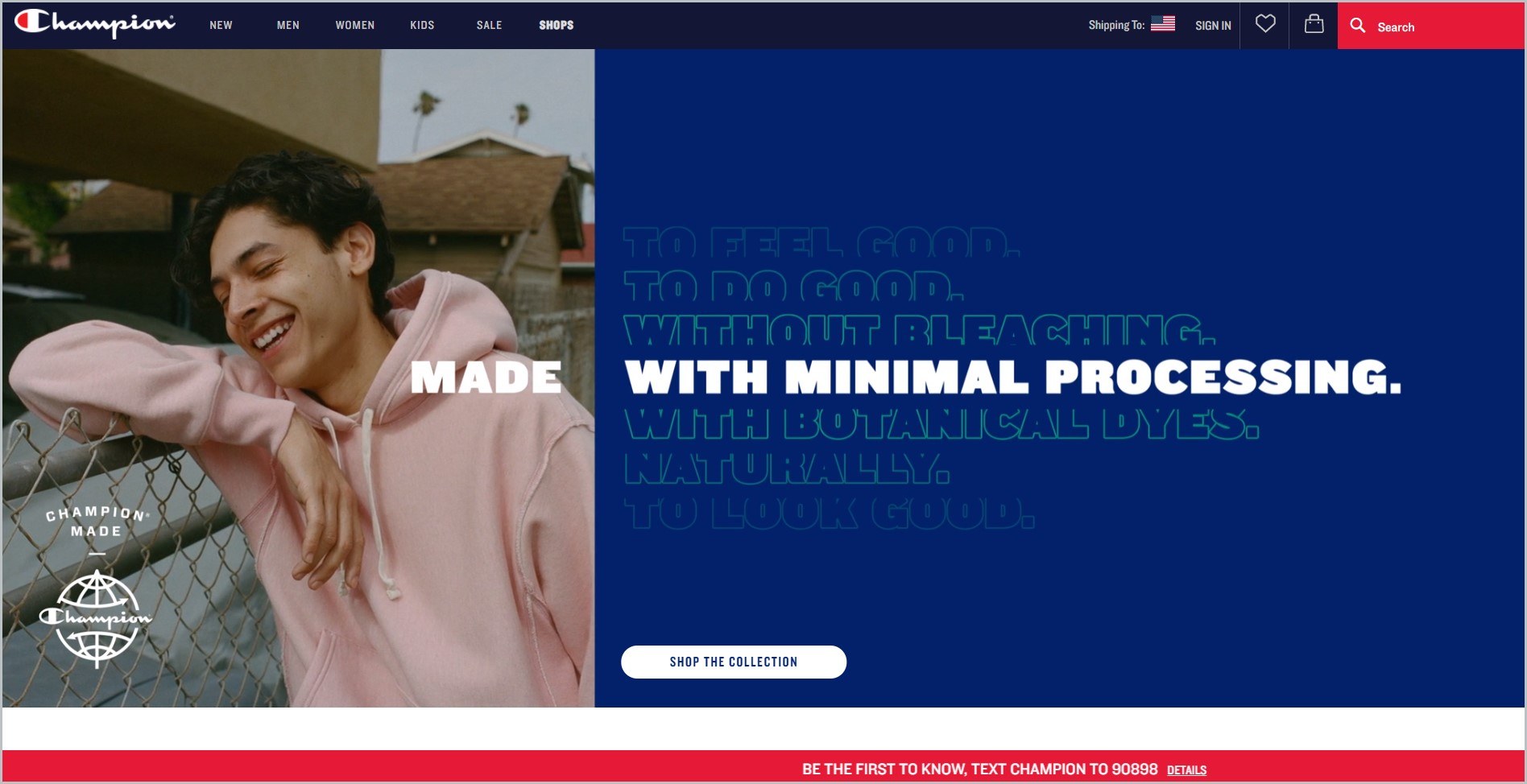 screenshot of Champion homepage with black header with the website's name and main navigation menu, it also features an image of a young man wearing a light pink hoodie