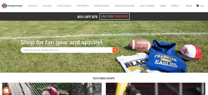 This screenshot of the home page for Prep Sportswear shows a white shirt and a blue shirt with team logos on them lying next to a football on a football field, along with a black header with a discount code and a white search bar with white text inviting customers to search for fan gear and apparel.