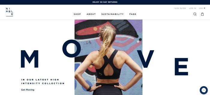 This screenshot of the home page for Nimble Activewear includes a dark header announcing 30-day returns, a white background, and a photo showing the back side of a blonde woman in a black sports bra and black leggings standing in front of a colorful graffiti wall, along with black text announcing a new activewear collection.