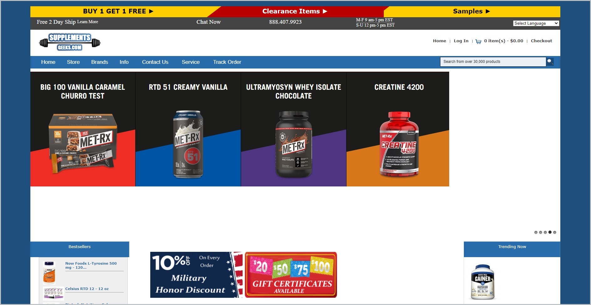 screenshot of SupplementsGeeks.com homepage with white header bearing the website's name and blue navigation bar underneath it, with images of some of their supplements products