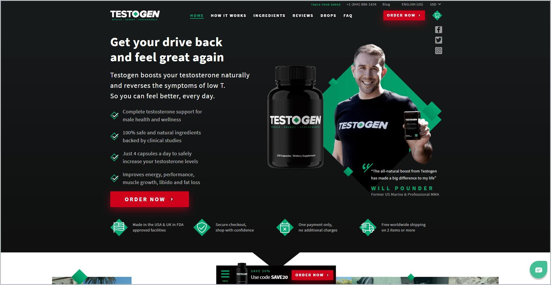 screenshot of Testogen homepage with black header with the website's name and main navigation menu