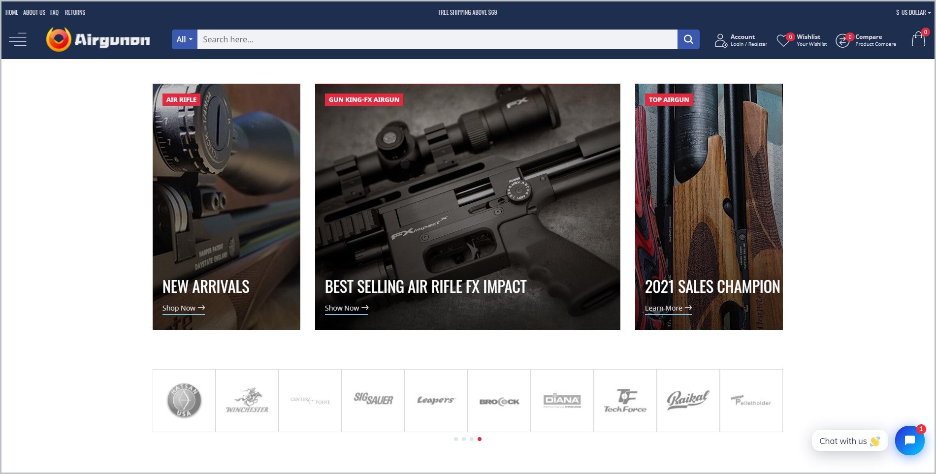 在主页上，深蓝色的标题上有网站的名称和主导航菜单，上面有不同气枪的图片