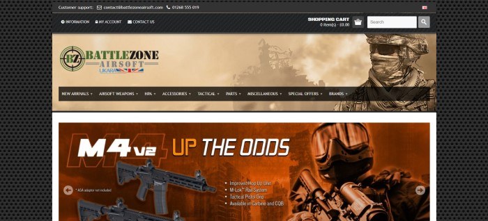 这张截图是《Battlezone Airsoft UK》的主页，它的背景是黑色的，主图片显示的是人们在战场上穿着战术装备，还有气枪的图片，导航栏是棕色的，上面有白色的字母。
