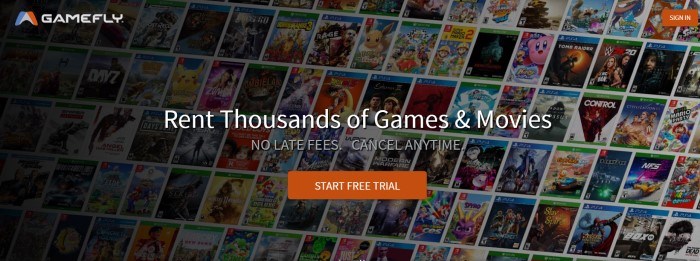 GameFly主页的截图是一张经过暗滤镜的照片，显示了几排视频游戏封面，还有一个橙色的号召按钮和白色的文字，邀请客户邀请游戏和电影。