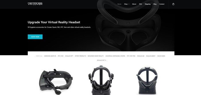 这张VR Cover主页的截图有一个黑色的背景，上面有一个模糊的虚拟现实耳机图像和一个蓝色的行动呼吁按钮，还有白色的文字邀请人们升级他们的虚拟现实耳机。