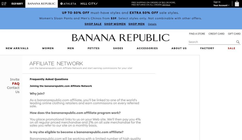 banana republic affiliate network signup screenshot
