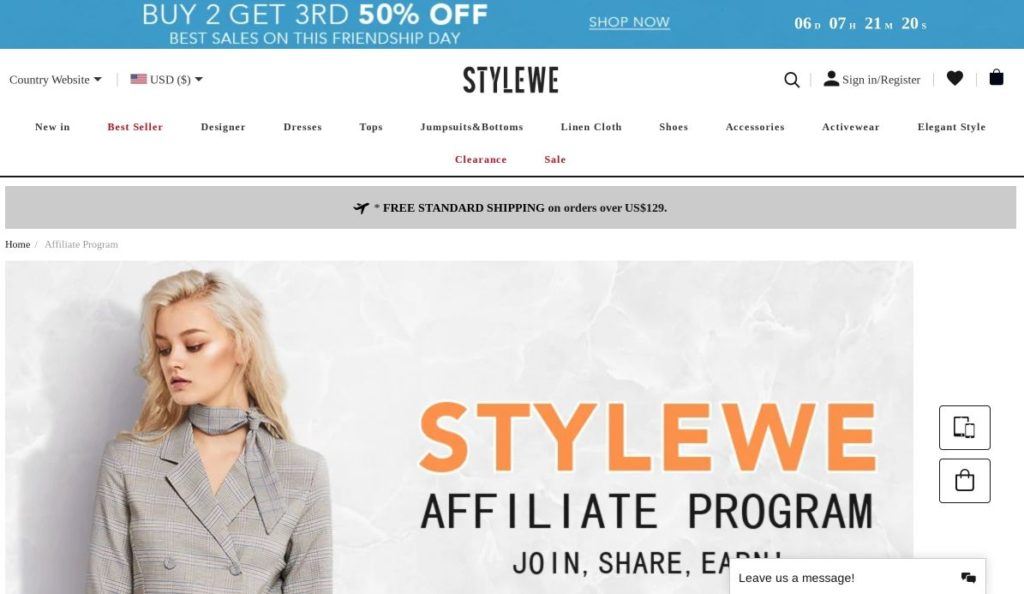 stylewe affiliate program screenshot