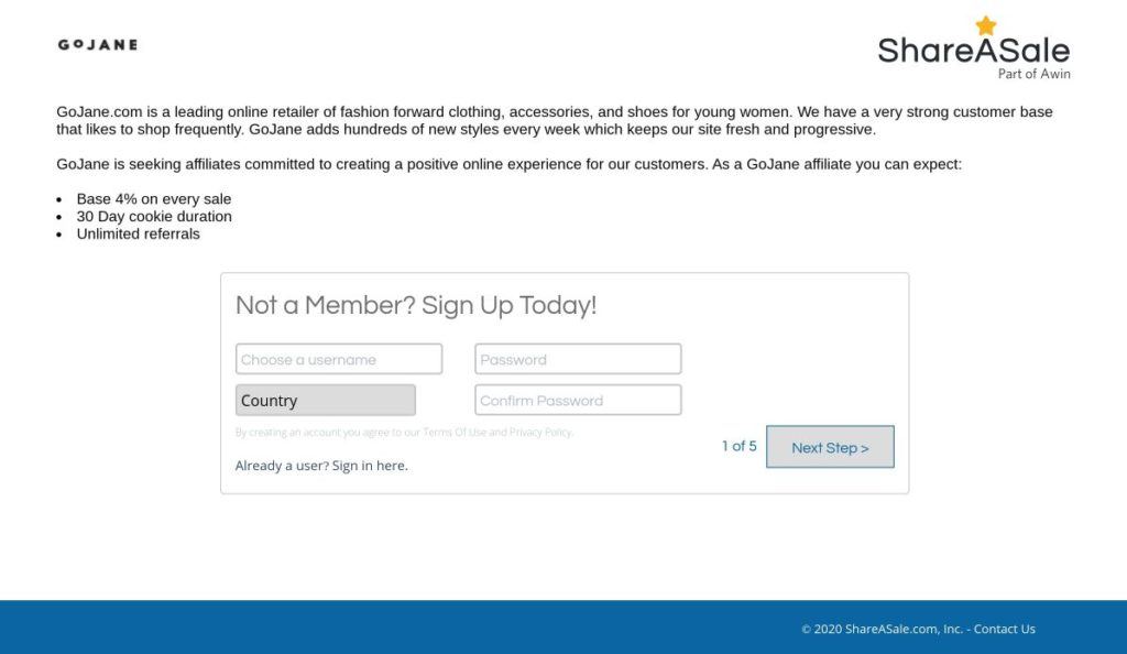 gojane affiliate signup shareasale screenshot