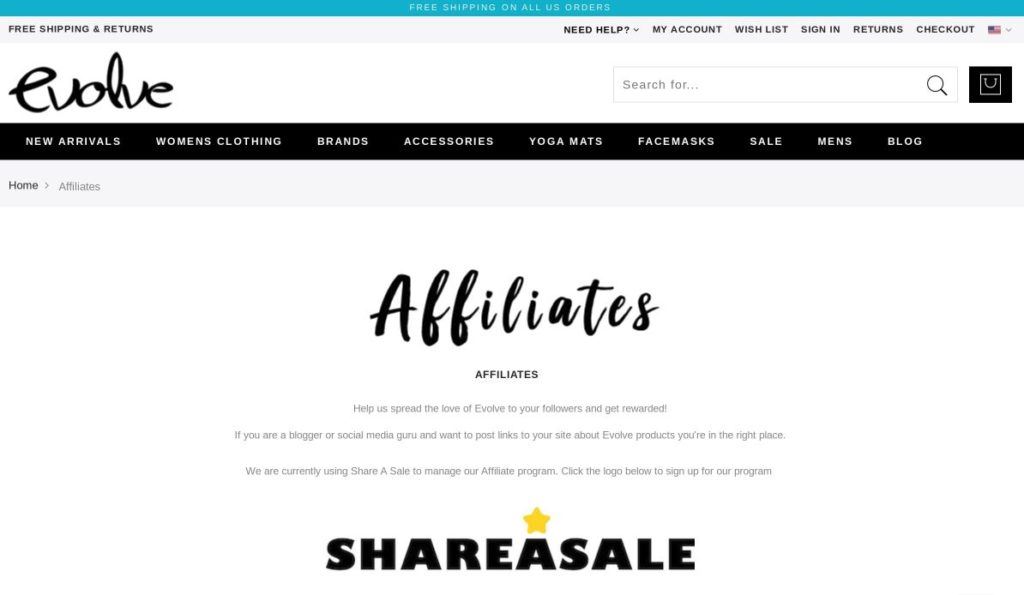 evolve fitwear screenshot shareasale affiliate signup