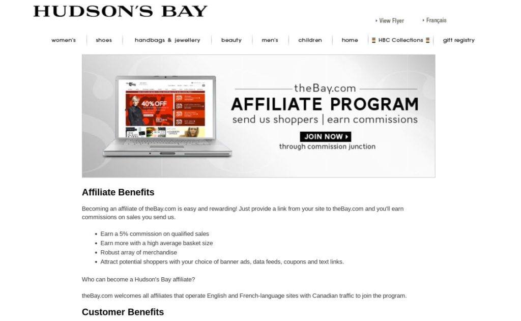 hudson's bay affiliate program signup screenshot