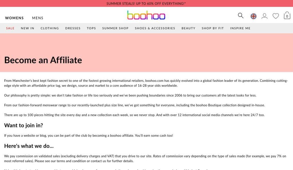 boohoo affiliate program signup screenshot