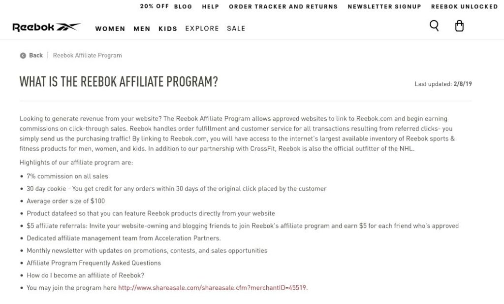 reebok affiliate program signup screenshot