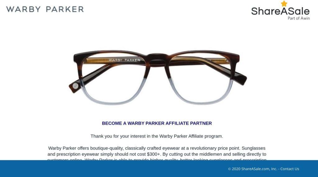 warby parker affiliate partner shareasale screenshot