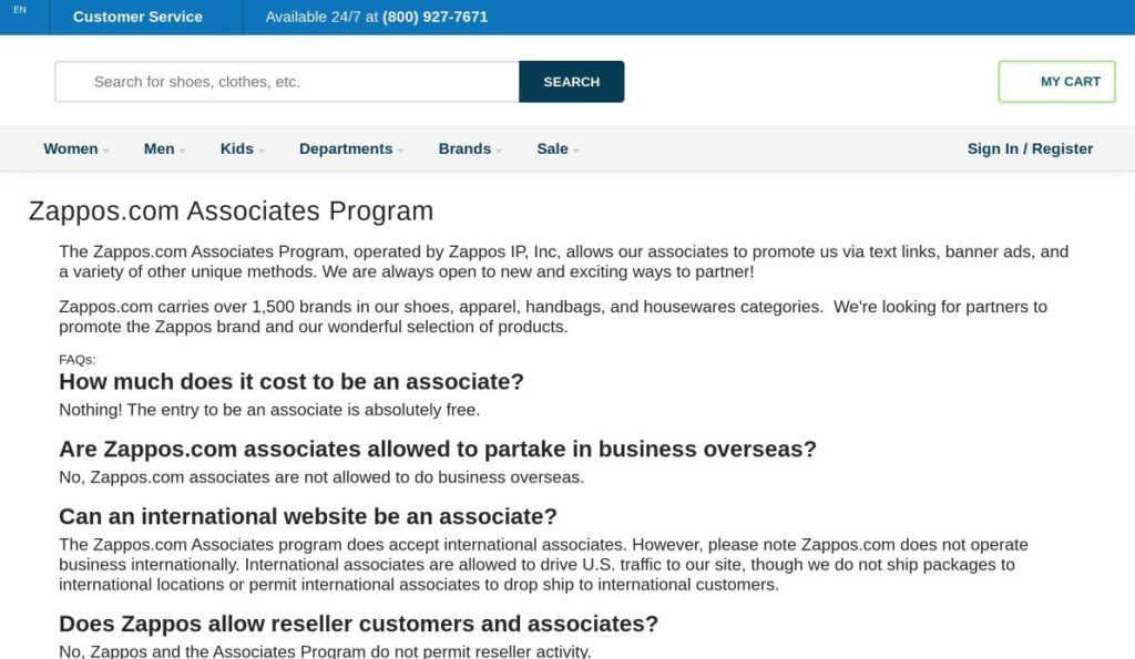 zappos.com associates program signup screenshot