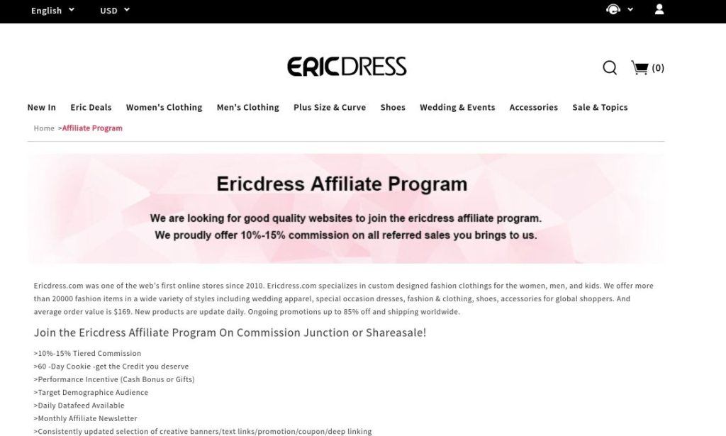 ericdress affiliate program screenshot signup
