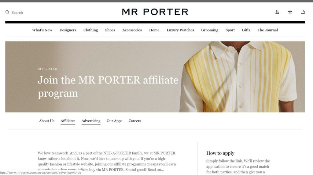 mr porter affiliate program screenshot