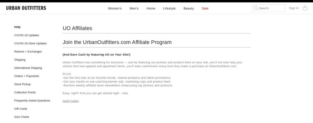 urban outfitters affiliate program screenshot