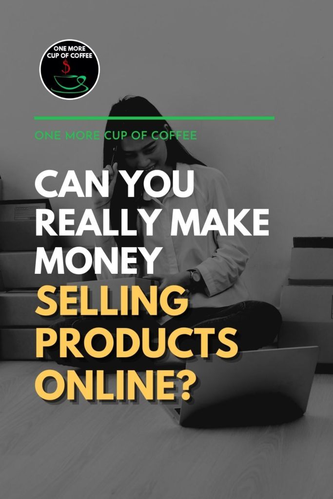 黑白图片上，一个女人躺在地板上，手里拿着一个包裹，身后是一台打开的笔记本电脑，她身后是一堆包裹，上面写着“你真的能在网上卖东西赚钱吗?”