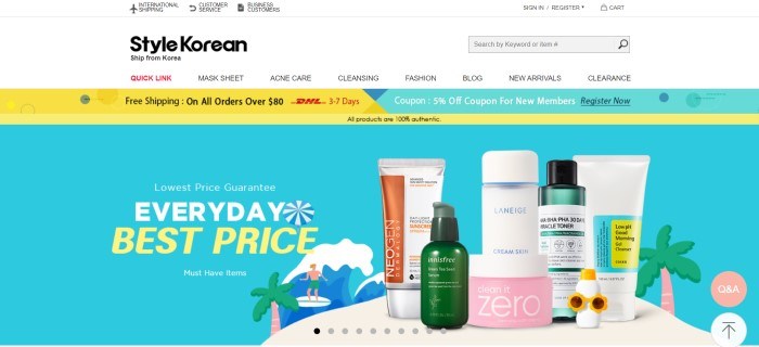 This screenshot of the home page for StyleKorean has a white header and navigation bar above a yellow and aqua announcement bar and a large turquoise main section with graphics of a tropical island with several skincare products lined up on the beach, along with white and yellow text.