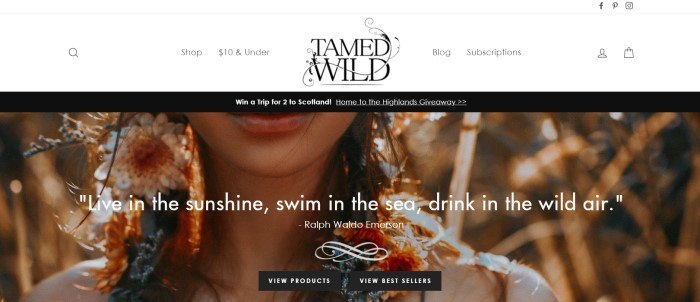 这张《tame Wild》主页的截图显示，在白色文字和两个黑色的号召按钮后面，有一个黑色的标题和一个留着长长的花辫的女人的下巴和肩膀的特写。