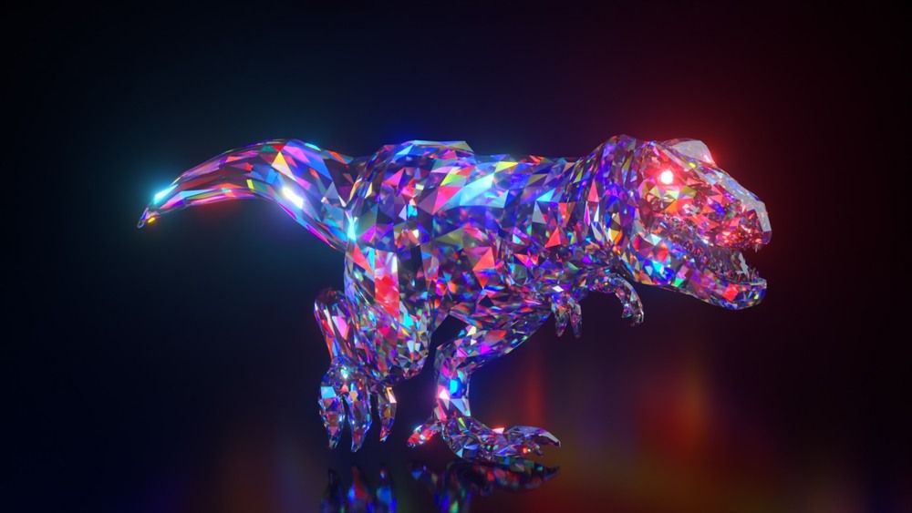 3d animation of colorful walking dinosaur with diamond skin effect