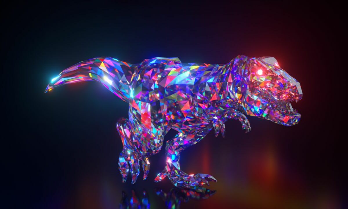 3d animation of colorful walking dinosaur with diamond skin effect