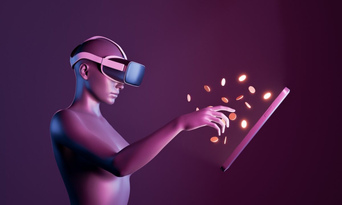 digital render of featureless human with VR goggles in metaverse extracting coins from ipad