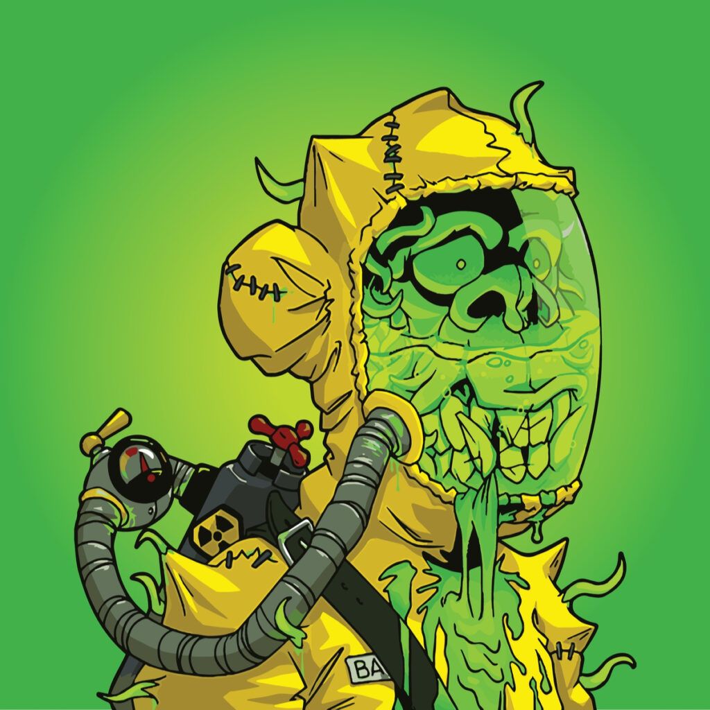 radioactive mutant ape yacht club wearing yellow hazmat suit