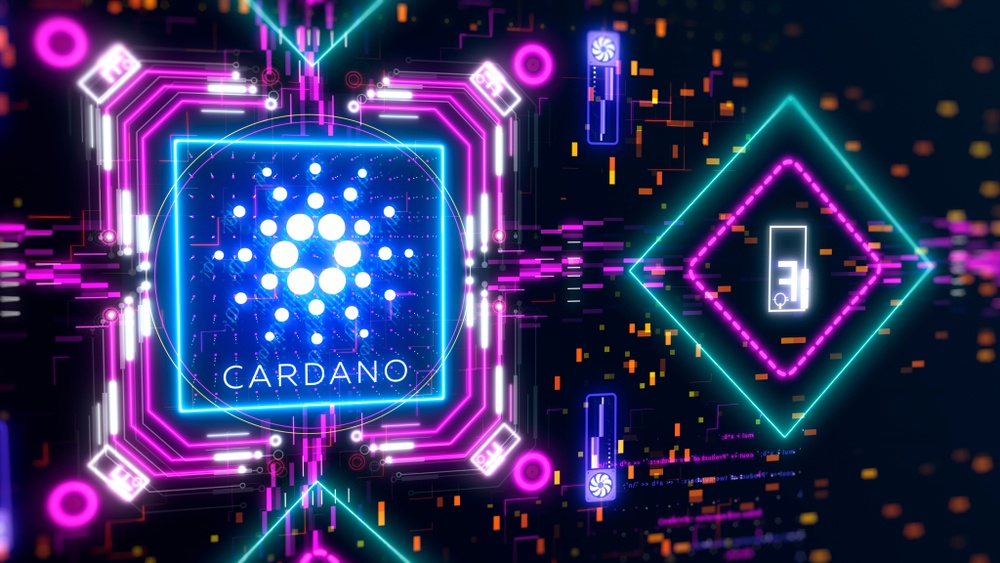 blue and pink neon computer chip concept showing NFTs being minted on the cardano blockchain