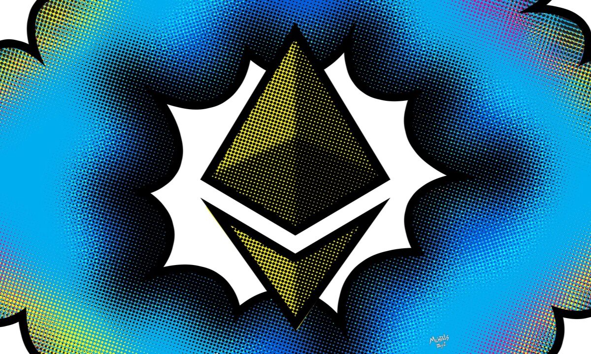 blue black and green comic book explosion with ethereum logo