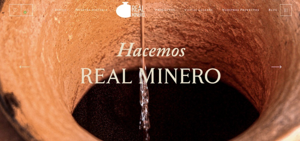 The Real Minero website shows mezcal being poured into a clay pot.