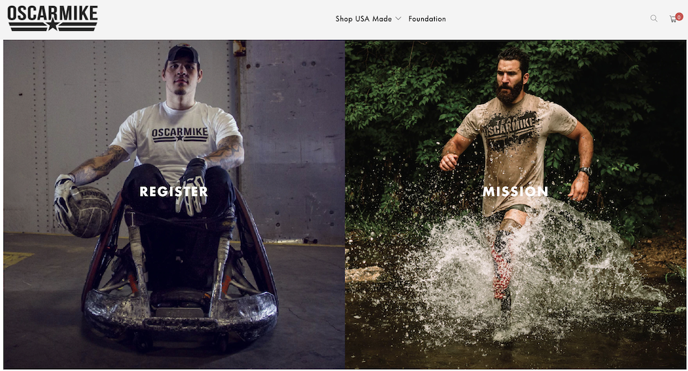 The homepage of Oscar Mike Apparel features a man in a sports wheelchair holding a volleyball and a man running through water.