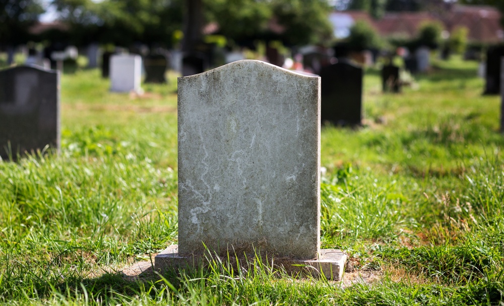 空白的墓碑坐在杂草丛生的墓地